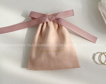 Custom Logo Print Luxury Small Suede Bow Pouch Jewelry Necklace Bracelet Gift Package Drawstring Bag Wedding Welcome Favors Gift Packing