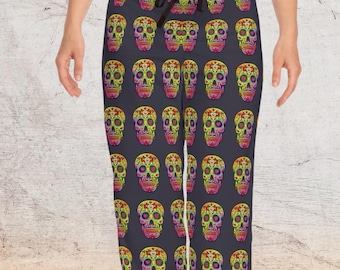 Pantalones de pijama con estampado de calaveras de azúcar de colores / Pijama ligero para mujer