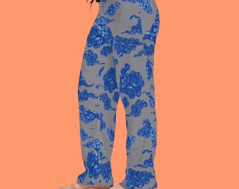 Blue Cloud Pattern Pajama Pants | All-Over Print Lounge Sleepwear