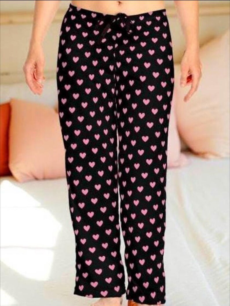 Pink Heart Print Pajama Pants, Black Cozy Polyester Sleepwear, Tie ...