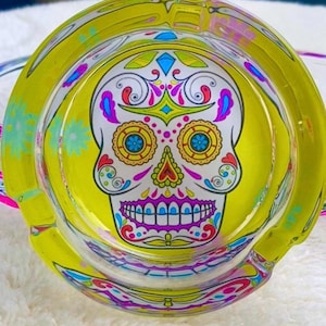 Colorful Yellow Glass, Day of the Dead Ashtray, Vibrant Sugar Skull Decor, Thick Glass, Themed, Ashtray