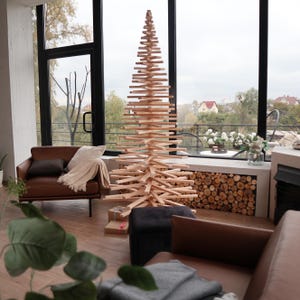 Large Wooden Christmas Tree 83 Inch, Tall Tree Gift, Mini Xmas Decor, Rustic Holiday Decoration, 210 cm Height