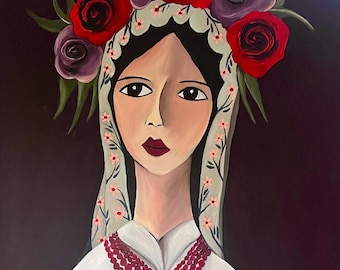 Original Acrylic painting of woman wearing flowers in her hair, boho painting, original artwork, acrylic on canvas, painting, modern art,