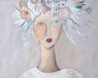 White original Acrylic Painting, acrylic painting of a woman in white