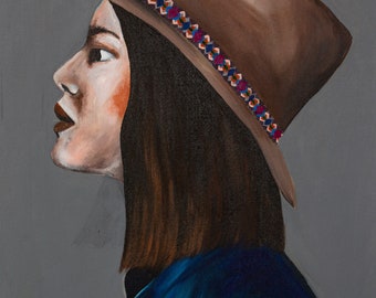 Original Acrylic Painting of a woman wearing a hat, acrylic painting, original artwork