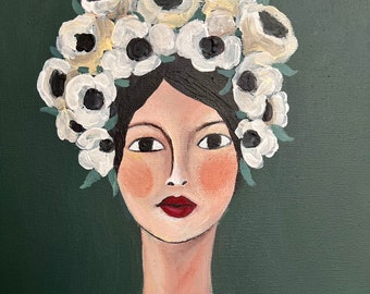 Peinture acrylique originale sur toile tendue d'une femme portant une couronne de fleurs blanches, peinture acrylique sur toile, décoration murale, décoration d'intérieur