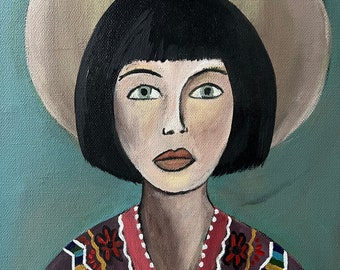 May include: Painting of a person with short black hair wearing a wide-brimmed hat and a colorful embroidered jacket against a teal background.