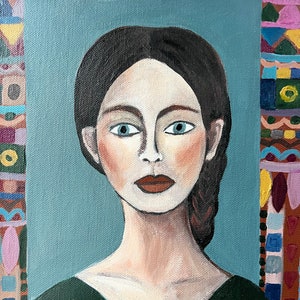 Acrylic painting of woman wearing a hat, canvas art, artwork, boho art, woman art, original acrylic painting, folk art, wall art, gift,
