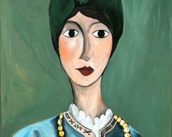 Original Acrylic painting of woman wearing flowers in her hair, boho painting, original artwork, acrylic on canvas, painting, modern art,
