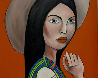 Acrylic painting, woman with a hat, colorful art, original art, painting, woman, folk art, boho,