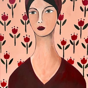 Acrylic painting of woman with flowers, canvas art, artwork, boho art, woman art, original acrylic painting, folk art, wall art, home decor