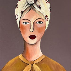 Acrylic painting of woman with a scarf, canvas art, artwork, boho art, woman art, original acrylic painting, folk art, wall art, home decor