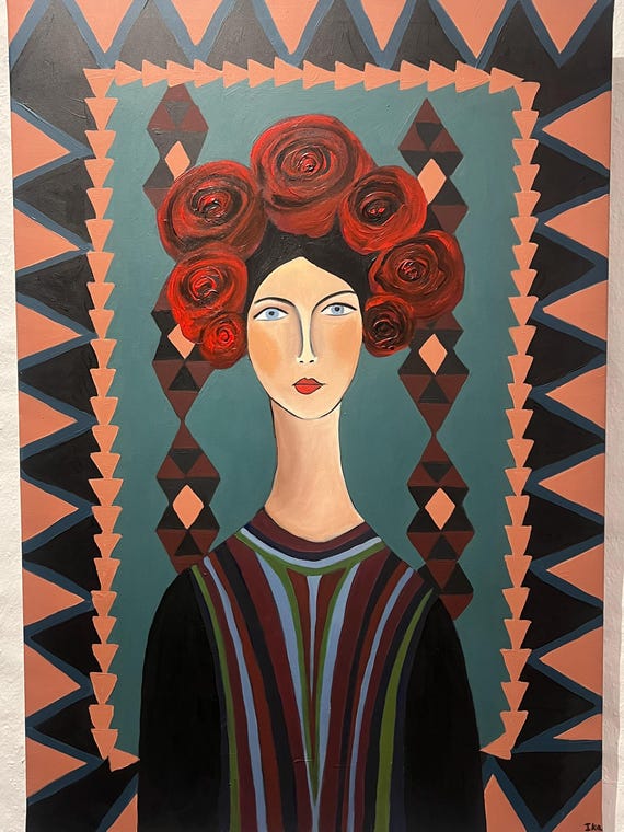 髪に花をつけた女性のオリジナルアクリル画、ボヘミアン絵画 髪に花をつけた女性のオリジナルアクリル画、ボヘミアン絵画