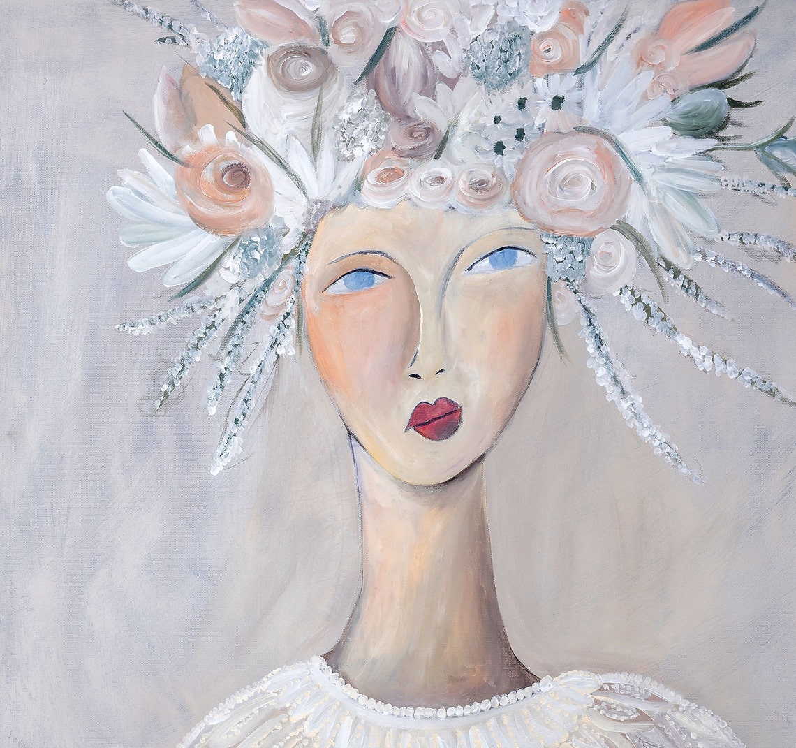 Original Acrylic Painting of Woman Wearing Flowers in Her Etsy