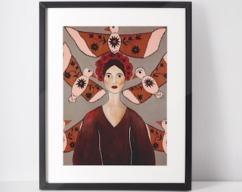 Fine Art Print of a woman wearing red flowers in her hair with birds, original Art prints