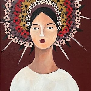 Acrylic painting of woman with flowers, canvas art, artwork, boho art, woman art, original acrylic painting, folk art, wall art, home decor