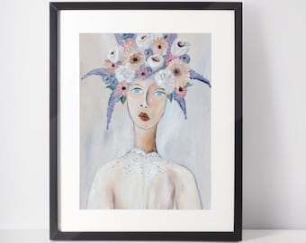 Fine Art Print of original acrylic painting,Art print of woman with flower crown, original boho art print, Folk Art home decor