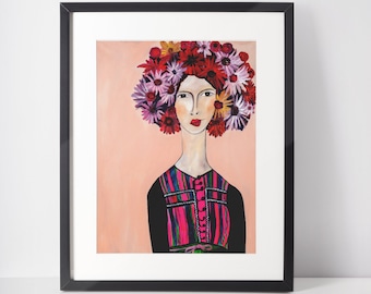 Art Print of woman with Flower Crown, Original Boho Art Print,Fine Art Print of original acrylic painting,Art print of original work