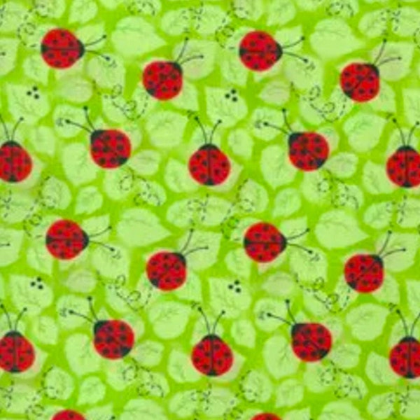 Ladybugs on Green, 100% Cotton, Novelty Fabric, By-the-Yard and Fat Quarter Increments Available, Nature, Bug, Ladybug, Leaf