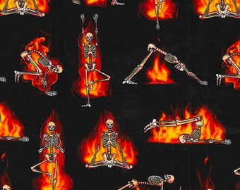Skeleton Hot Yoga Fabric, 100% Cotton, Novelty Material, by-the-yard and Fat Quarter Increments Available, Halloween, Skeleton, Flames