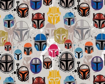 Colorful Helmets Fabric, 100% Cotton, Novelty Fabric, By-the-Yard, Character, Star Wars, Mandalorian