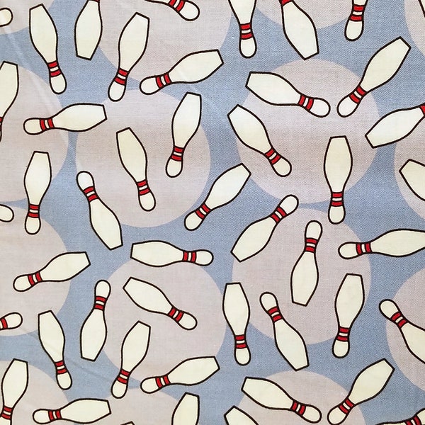 Bowling Pins fabric, 100% Cotton, Quilter's Cotton, by-the-yard, Sport Game Team, Quick Fast Shipping