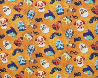 Halloween Masks Fabric, 100% Cotton, Novelty Cotton, by-the-yard and Fat Quarter Increments Available, Halloween