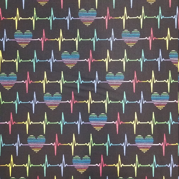 Rainbow Heartbeat, Fabric, 100% Cotton, Quilter's Cotton, by-the-yard and Fat Quarter Increments Available, Medical, Heart, Colorful