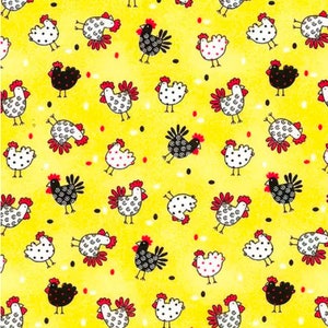 Patterned Chickens Yellow, 100% Cotton, Novelty Fabric, By-the-Yard and Fat Quarter Increments Available, Animal, Farm Barnyard, Bird