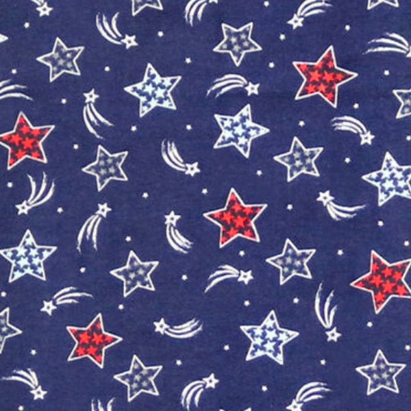 Patriotic Shooting Stars FLANNEL Fabric, by-the-yard, 100% Cotton, Holiday Independence Day 4th of July, fast quick shipping