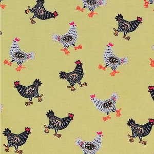 Patterned Chickens Yellow, 100% Cotton, Novelty Fabric, By-the-Yard, Animal, Farm Barnyard, Bird chicken country