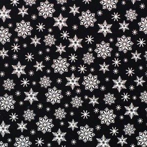 Black Snowflakes fabric, 100% Cotton, By-the-Yard and Fat Quarter Increments Available, Holiday Christmas, Fast Shipping
