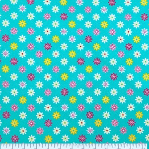 Floral Burst Pink Yellow on Aqua FLANNEL Fabric, 100% Cotton, Snuggle Cozy Flannel, by-the-yard, Spring Easter Polka Dot Floral