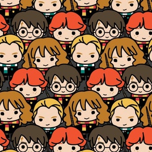 May include: A repeating pattern of cartoon characters from the Harry Potter series. The characters are all wearing their Hogwarts house colors and have different facial expressions. The background is a solid gray color.