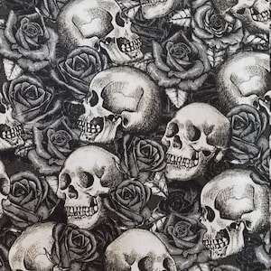 Skulls and Roses, Fabric, 100% Cotton, Quilter's Cotton, by-the-yard and Fat Quarter Increments Available, Halloween, Skull