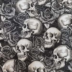 Skulls and Roses, Fabric, 100% Cotton, Quilter&#39;s Cotton, by-the-yard and Fat Quarter Increments Available, Halloween, Skull
