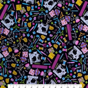 Tossed Sewing Notions, 100% Cotton, Novelty Fabric, Fat Quarters and by-the-yard Increments Available, Hobby, Sewing Machine