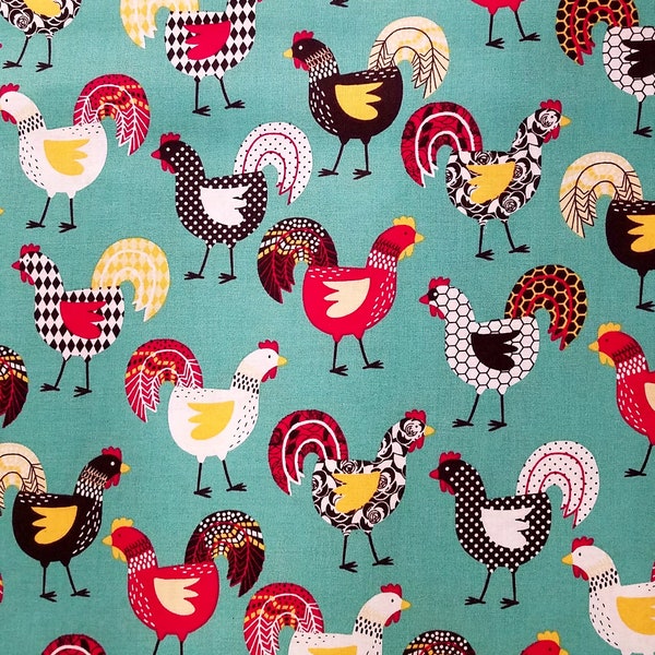 Patterned Chickens Teal Fabric, 100% Cotton, Novelty Fabric, By-the-Yard, Animal Farm, fast shipping