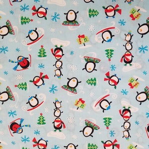 Penguin Fun fabric, 100% Cotton, By-the-Yard, Holiday, Christmas Animal Festive, fast quick shipping