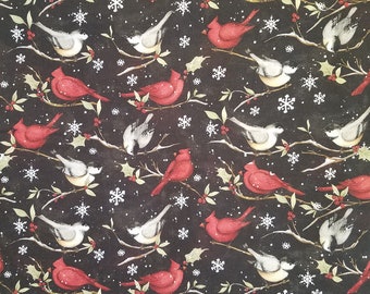 Birds on Branches fabric, 100% Cotton, Quilter's Cotton, By-the-Yard and Fat Quarter Increments Available, Holiday Winter Nature Cardinal
