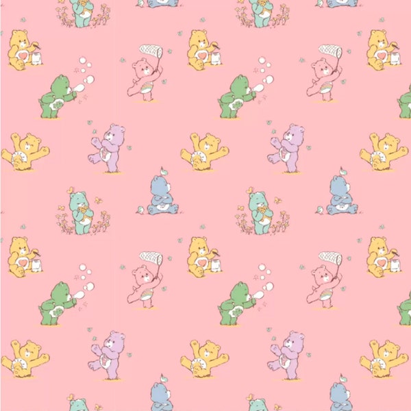 Care Bears Playful Pink FLANNEL Fabric, by-the-yard, 100% Cotton, Character, Care Bear