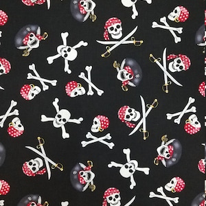 Pirate Skull on Black, 100% Cotton, Novelty Fabric, Fat Quarters and by-the-yard Increments Available, Nautical, Pirate