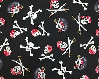 Pirate Skull on Black, 100% Cotton, Novelty Fabric, Fat Quarters and by-the-yard Increments Available, Nautical, Pirate