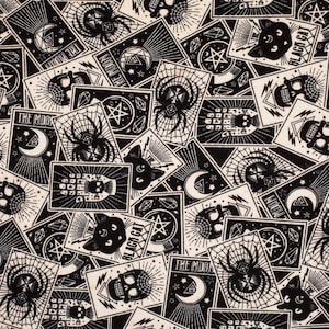 Tossed Black Magic Cards, off white and black Fabric, 100% Cotton, FLANNEL, by-the-yard and Fat Quarter Increments Available, Halloween