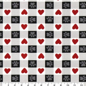 Paw Heart Buffalo Check FLANNEL Fabric, 100% Cotton, by-the-yard and Fat Quarter Increments Available, Animal Print, Dog, Pup, Cat, Love