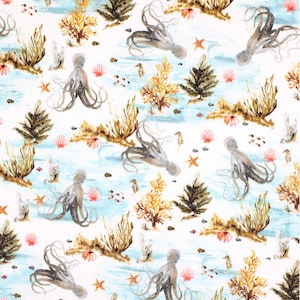 Octopus FLANNEL, 100% Cotton, By-the-Yard, Animal, Ocean, Sea Life