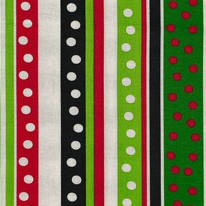 LARGE Red and Green Dot Stripe fabric, 100% Cotton, By-the-Yard, Holiday, Christmas, Stripe, Fast Quick Shipping, Fun Festive
