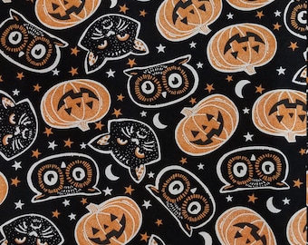 Tossed Cat Owl Pumpkin - Black, Fabric, 100% Cotton, Quilter's Cotton, by-the-yard and Fat Quarter Increments Available, Halloween