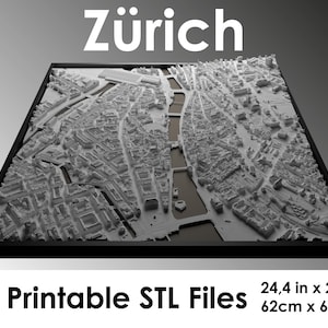 Zurich 3D, Plan de la ville de Zurich, Skyline de Zurich, Carte de Zurich, Carte du monde, Fichier numérique Stl d’impression 3D, Carte de ville personnalisée