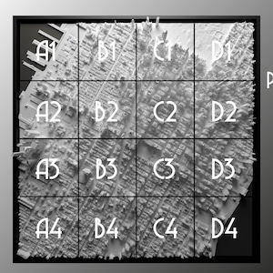May include: A 16-piece jigsaw puzzle featuring a 3D model of a city skyline. The puzzle pieces are labeled with letters and numbers, A1 through D4.
